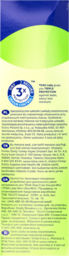 Tył opakowania wkładek TENA Lady z niebiesko-zielonym tłem, opisujący potrójną ochronę 3x.
