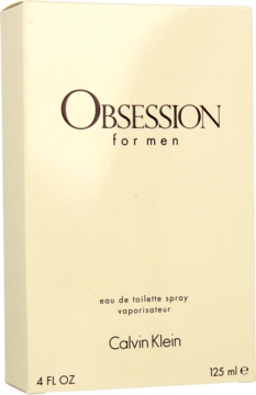Jasnobeżowe pudełko Calvin Klein Obsession for Men EDT 125 ml, widok z przodu, z ciemnym napisem.