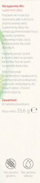 Bok opakowania Skrzypovita 40+ suplement diety, z informacjami o składzie, masie 33,6g, bez glutenu i laktozy.