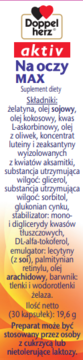 Doppelherz aktiv Na oczy MAX, suplement z luteiną, wit. A+C+E, cynkiem. Biało-pomarańczowa etykieta.