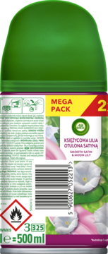 Tył wkładu Air Wick Freshmatic Księżycowa Lilia Otulona Satyną 500 ml z kodem, zieloną nakładką i kwiatami.