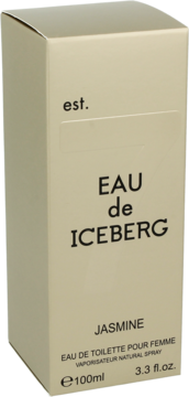 Iceberg Eau de Iceberg Jasmine woda toaletowa 100ml, w jasnobeżowym pudełku z czarnym napisem, widok z przodu pod kątem.