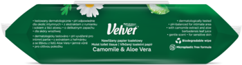 Tył zielonego opakowania Velvet, nawilżany papier toaletowy z rumiankiem i aloesem, 100% biodegradowalny.
