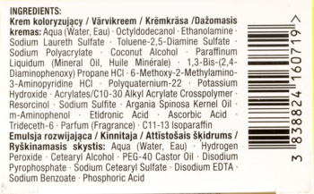 Tył opakowania Schwarzkopf Palette Color Shampoo, zbliżenie na listę składników w kilku językach i kod kreskowy.