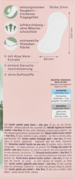 Tył opakowania wkładek Facella Comfort Aloe Vera (62x150mm), z opisem cech: chłonność, oddychalność, miękkość.
