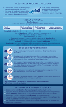 Tył opakowania Bebilon 4 Advance Pronutra: tabela żywienia, sposób przygotowania i instrukcja karmienia.