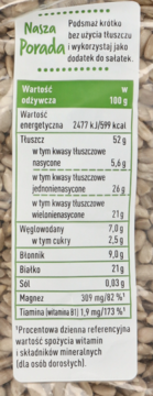 Etykieta nasion słonecznika enerBiO Rossmann, z zielonym nagłówkiem „Nasza Porada” i tabelą wartości odżywczych.