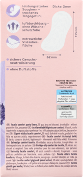 Tył opakowania wkładek higienicznych facelle comfort, 50 szt., bezzapachowe, oddychające, 155x62mm, z lawendą.