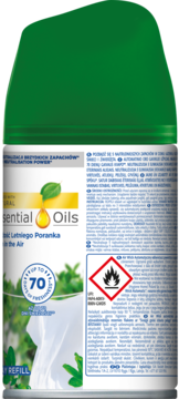 Tył zielono-białego wkładu Air Wick Freshmatic, zapach Świeżość Letniego Poranka, z symbolem łatwopalności.