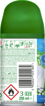 Tył odświeżacza Air Wick Freshmatic 250ml z kodem kreskowym, ikonami ostrzegawczymi, zieloną nakrętką.