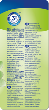 Tył opakowania wkładek TENA Lady z logo 3x PROTECTION i wielojęzycznym opisem ochrony przed przeciekaniem.