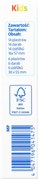 Bok opakowania plastrów Kids (20 szt.) z opisem zawartości i rozmiarów (16x57, 30x55mm), logo FSC.