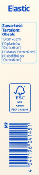 Tył białego opakowania plastrów Elastic z niebieskimi napisami. Widoczne dane: 10 sztuk (10x6cm), FSC logo i kod.