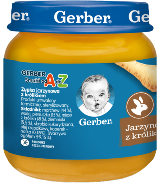 Słoik Gerber Zupka jarzynowa z królikiem, pomarańczowa papka, niebieska etykieta, widok z przodu.