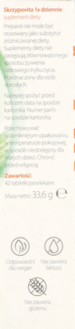 Tył opakowania Skrzypovita 1x dziennie, suplementu diety. Widoczne 42 tabletki, 33.6g, ikony vegan, bez laktozy i glutenu.