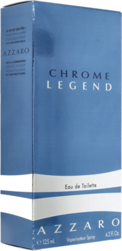Azzaro Chrome Legend Eau de Toilette w niebieskim, prostokątnym opakowaniu, widok z przodu pod kątem.
