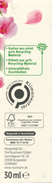 Boczna ścianka opakowania serum Alterra, recykling 90% karton, 50% etykieta, Klimaneutral. Widoczne logo FSC i 30ml.