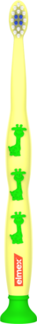 Szczoteczka elmex® Kids 0-3: żółta, z zielonymi aligatorami, niebieskimi włóknami i przyssawką, z przodu.