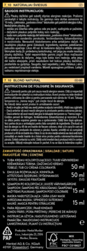 Tył opakowania farby Syoss Oleo Intense 7.10 Natural Blond z instrukcjami bezpieczeństwa i listą zawartości.