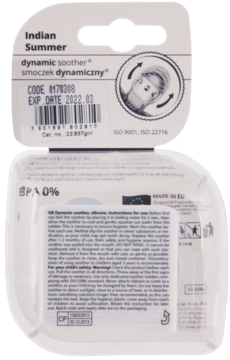 Tył opakowania smoczka dynamicznego LOVI, przezroczysta obudowa, instrukcje i dane produktu widoczne przez plastik.