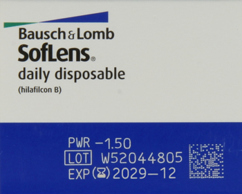 Bausch & Lomb SofLens soczewki jednodniowe, front białego opakowania z niebieskim dołem, moc -1.50.
