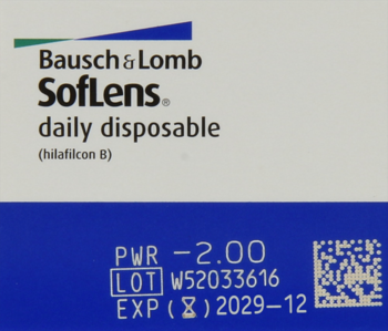 Przednie opakowanie Bausch & Lomb SofLens daily disposable, biało-niebieskie, z mocą -2.00.