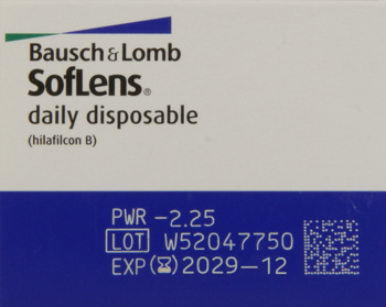 Bausch & Lomb SofLens jednodniowe soczewki kontaktowe -2.25 dioptrii, biało-niebieskie pudełko, widok z przodu.