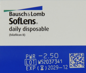 Bausch & Lomb SofLens daily disposable soczewki, moc -2.50. Białe pudełko z niebieskim paskiem, widok z przodu.