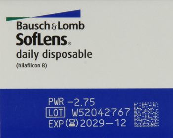 Opakowanie soczewek Bausch & Lomb SofLens daily disposable o mocy -2.75, biało-niebieskie, widok z przodu.
