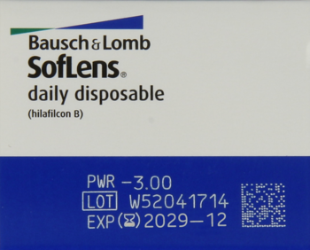 Front of Bausch & Lomb SofLens daily disposable contact lens box, blue and white, showing PWR -3.00 and expiration.