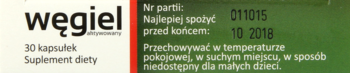 Bok opakowania suplementu diety Węgiel 30 kapsułek, z etykietą, datą ważności (10.2018) i instrukcją przechowywania.