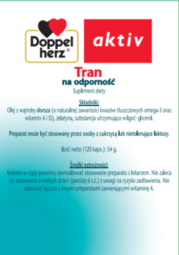 Biała etykieta suplementu Doppelherz Tran na odporność, z czerwonym logo i czytelnym składem.