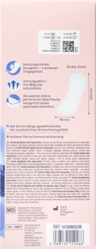 Tył różowego opakowania wkładek facelle Extra Długa Ochrona z diagramem i opisem chłonnych, oddychających cech.