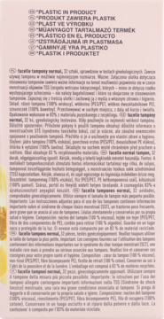 Tylna etykieta Facelle tamponów normal z wielojęzycznym opisem, w tym o obecności plastiku.