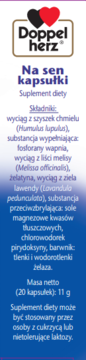 Biała etykieta Doppelherz Na sen kapsułki, z logo dwóch serc, widok z przodu, czytelny spis składników.