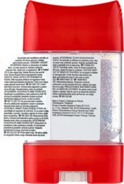 Tył opakowania dezodorantu Old Spice Whitewater w czerwono-przezroczystym sztyfcie, z wyraźnymi etykietami tekstowymi.