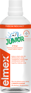 elmex Junior płyn do płukania jamy ustnej w białej butelce, przeciw próchnicy dla dzieci 6-12 lat, widok z przodu.