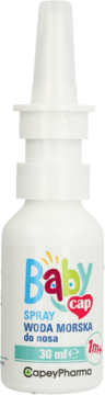 Biały spray do nosa Baby Cap Woda Morska 30 ml dla niemowląt od 1 miesiąca, widok z przodu.