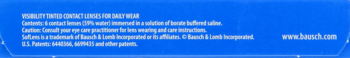 Blue label with white text: Bausch & Lomb 6 quality sterile contact lenses details & warnings.