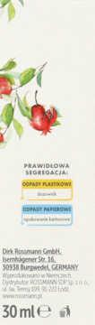 Tył opakowania olejku Alterra Granat BIO 30ml z informacjami o recyklingu plastiku i papieru, danymi producenta.
