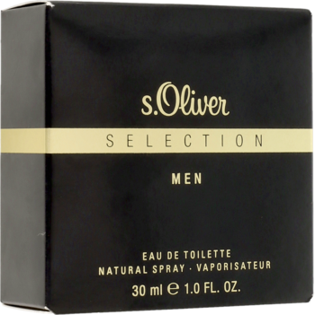Czarne pudełko s.Oliver SELECTION MEN, woda toaletowa 30ml, ze złotym pasem, widok z przodu pod kątem.