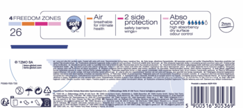 Tył opakowania wydłużonych ultracienkich podpasek higienicznych z opisem cech: Air, 2 side protection, Abso core.