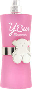 Damska woda toaletowa Tous Your Moments w różowej butelce z srebrnym logo misia, widok z przodu.