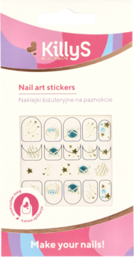 KillyS Nail art stickers w beżowym opakowaniu. Zawiera złote gwiazdy i turkusowe planety, widok z przodu.