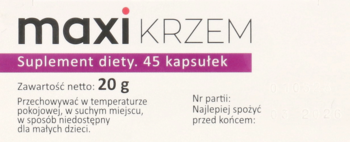 Maxi Krzem suplement diety, białe pudełko z purpurowym paskiem, 45 kapsułek, 20g, widok z przodu.