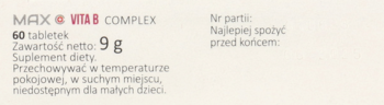 Biała etykieta suplementu Max Vita B Complex z czerwonym napisem Vita B, widoczne 60 tabletek i masa 9g.
