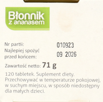 Panel informacyjny suplementu Błonnik z ananasem: data ważności 09.2026, masa 71g, 120 tabletek, warunki przechowywania.