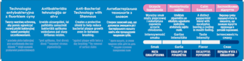 Niebieska infografika z białym tekstem, przedstawiająca 8 korzyści pasty Oral-B Pro-Expert Enamel Shield. Widoczne różowe nagłówki.