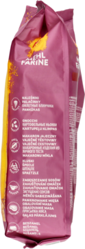 Magenta torebka mąki bezglutenowej MEHL FARINE, widok z boku z listą zastosowań kulinarnych.