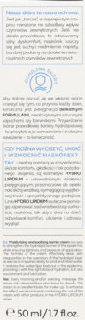 Biała etykieta kremu barierowego HYDRO LIPIDIUM 50ml, z niebieskim tekstem i ikoną tarczy, widok z przodu.